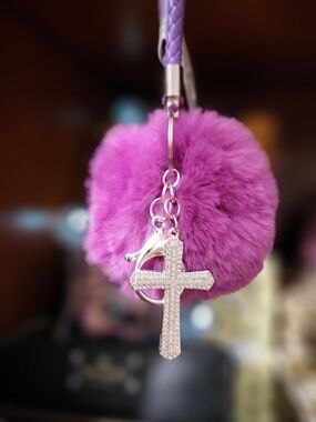 Plush Purple Pom Keychain with Rhinestone Cross Bag Charm